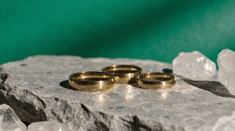 Three plain gold bands resting on a rough grey stone against a bold deep-green background with a scattering of raw quartz in soft directional light