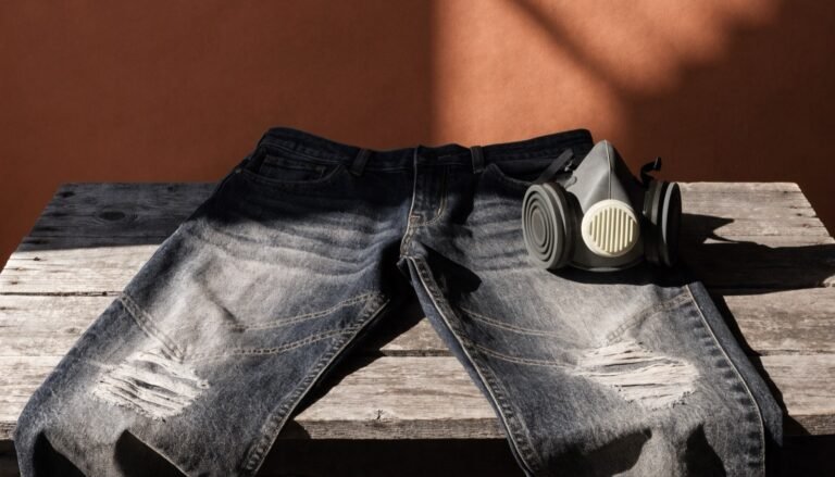 A pair of faded distressed jeans laid flat on weathered wood beside a protective respirator mask against a warm terracotta background