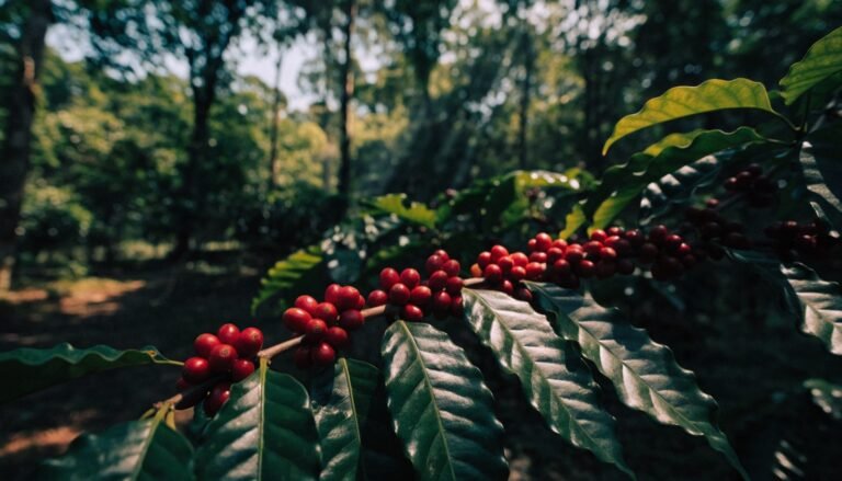 Ripe red coffee cherries on a branch under dappled forest light with tall canopy trees blurred behind against bright green foliage