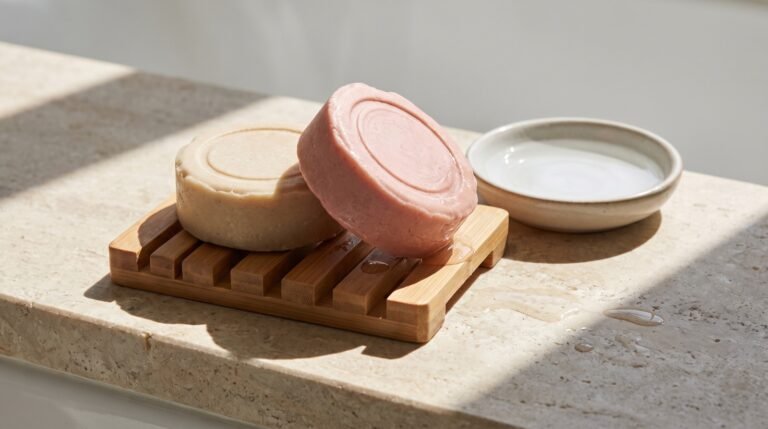 Two round shampoo bars on a wooden soap dish beside a small dish of water on a sunlit bathroom ledge