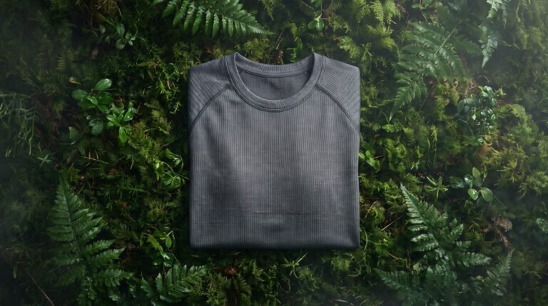 A folded gray technical training top on a pale stone ledge outdoors in bright sun with a eucalyptus sprig beside it