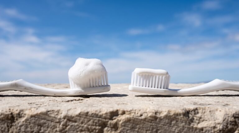 Two separate toothbrushes lying side by side on a pale stone ledge against an open blue sky, the left one piled with a thick head of white foam and the right one carrying a plain unfoamed stripe of paste