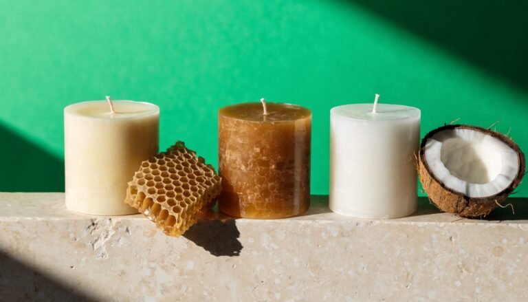 Three unlit candles in soy, golden beeswax and pale coconut wax lined up on a pale stone ledge with a honeycomb piece and a coconut half against a fresh green background