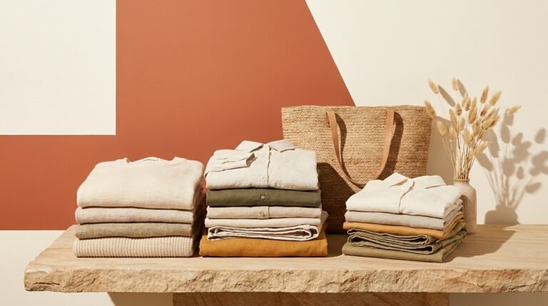 Small capsule wardrobe of natural-fiber clothing hanging on a wooden rack beside a sunlit window