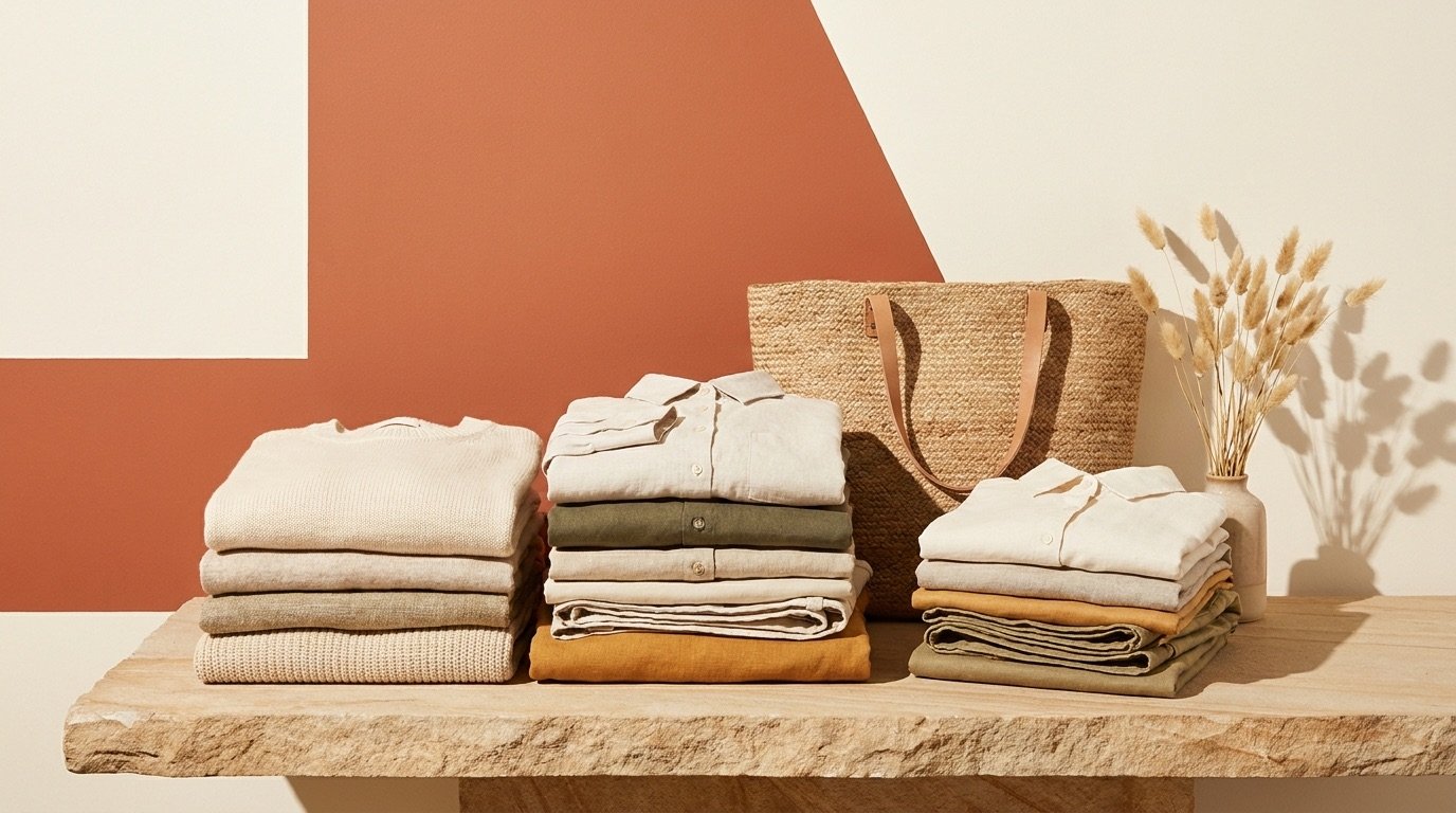 Small capsule wardrobe of natural-fiber clothing hanging on a wooden rack beside a sunlit window