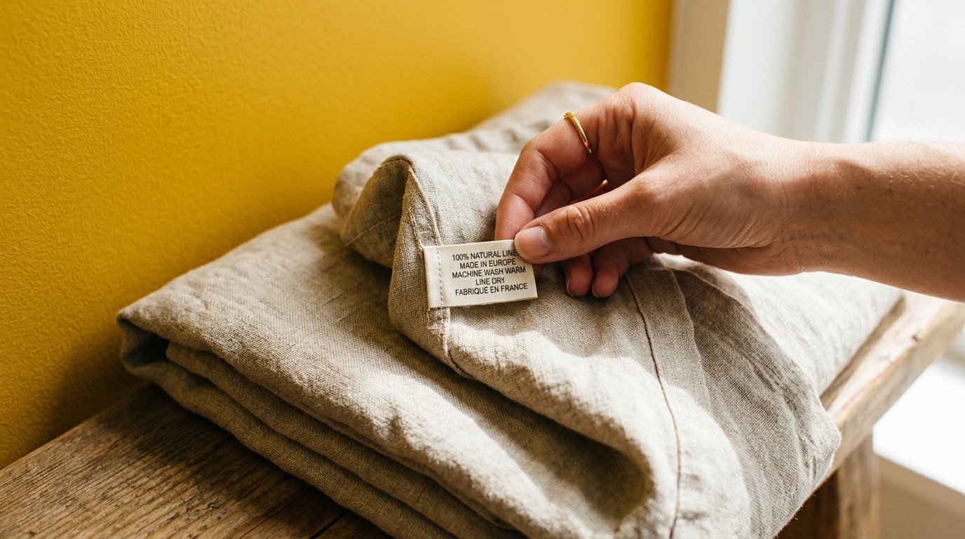 Hand checking the fiber content label sewn into a linen garment
