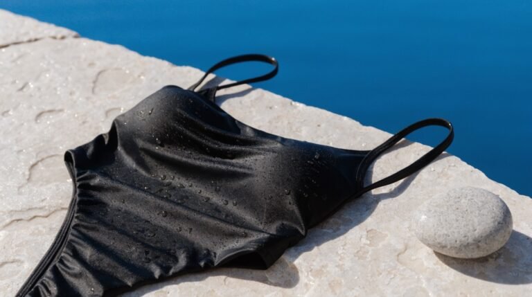 A wet black swimsuit draped over a pale stone ledge against a bold ocean-blue background with water droplets and a smooth grey pebble in bright sunlight