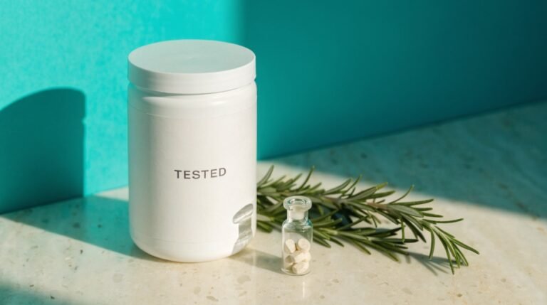 An unlabeled supplement tub beside a small glass vial and a clipboard on a pale stone counter against a bold teal background with a sprig of rosemary