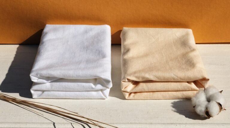 Two folded cotton sheets side by side on a pale wooden surface against a bold ochre background with a cotton boll and dried grasses in bright daylight