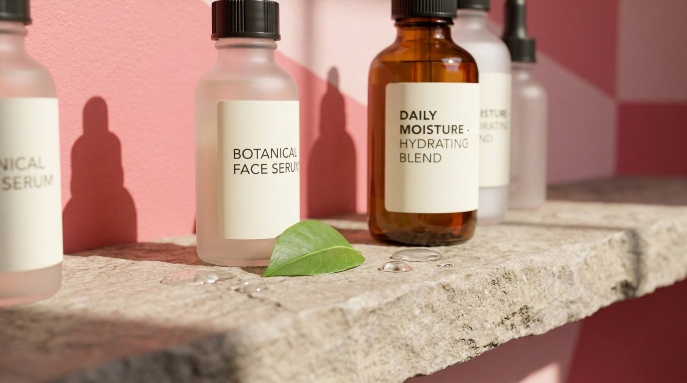 Minimalist skincare bottles on a cream bathroom shelf, a couple of products set aside during a declutter