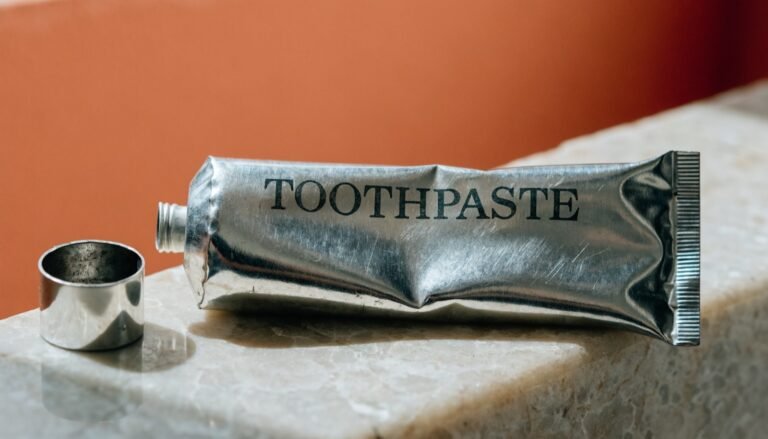 An old-style metal toothpaste tube printed TOOTHPASTE, lying flat and squeezed empty on a pale stone ledge with its cap beside it against a warm terracotta background