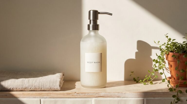 A pump bottle of natural body wash on a sunlit bathroom shelf beside a folded linen towel and a small green plant