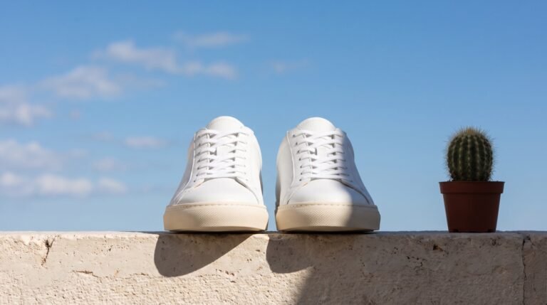 A pair of minimalist white sneakers on a pale stone ledge outdoors against a clear blue sky with a small cactus beside them