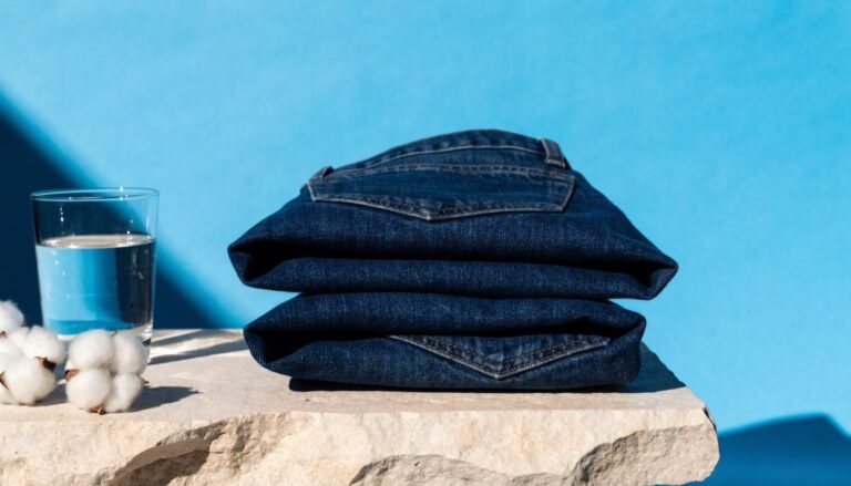A folded pair of indigo jeans on a stone ledge beside a glass of water and raw cotton bolls against a bright sky-blue background