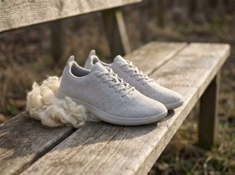 A pair of pale wool sneakers on a weathered wooden bench beside a tuft of raw undyed wool in soft daylight