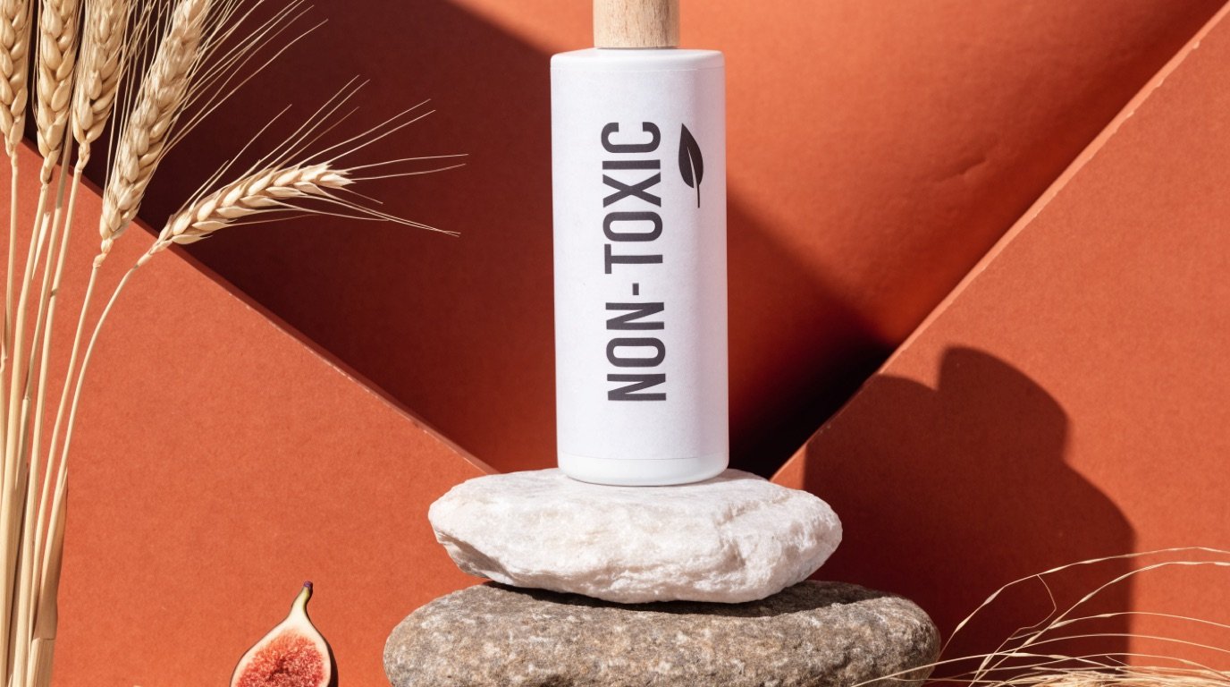 A white detergent bottle labeled Non-Toxic with a small leaf icon, raised on stacked stones against a warm terracotta background with dried wheat and a halved fig