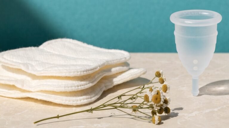 Organic cotton pads and a silicone menstrual cup laid out on a pale stone surface against a bold muted-teal background with a sprig of dried chamomile