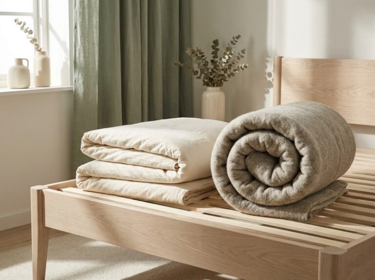 A folded organic cotton mattress cover and a wool topper on a pale wooden bed frame in soft morning light