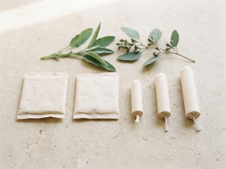 Organic cotton pads and tampons in plain paper packaging arranged on a pale stone surface with soft botanical stems