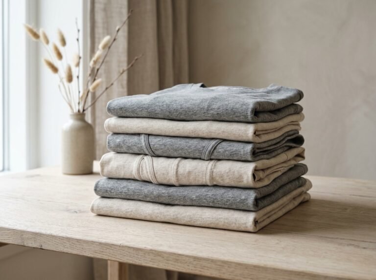 Folded plain organic cotton underwear and tees in neutral tones stacked on a pale wooden surface in soft daylight