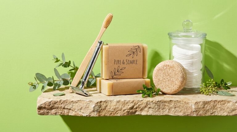 A plastic-free bathroom shelf with a bamboo toothbrush, a safety razor, shampoo bars, and a glass jar of reusable cotton rounds
