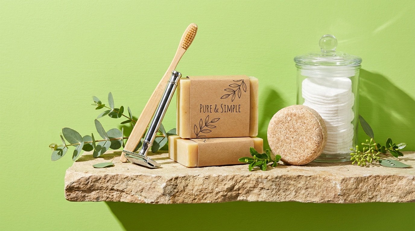 A plastic-free bathroom shelf with a bamboo toothbrush, a safety razor, shampoo bars, and a glass jar of reusable cotton rounds