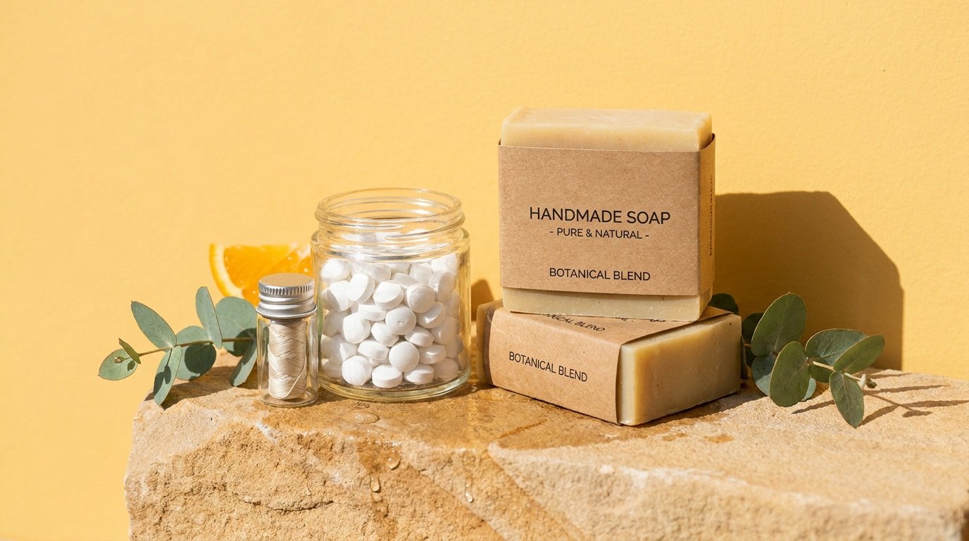 Shampoo and soap bars beside a glass jar of toothpaste tablets and a refillable floss vial on a wooden bath tray