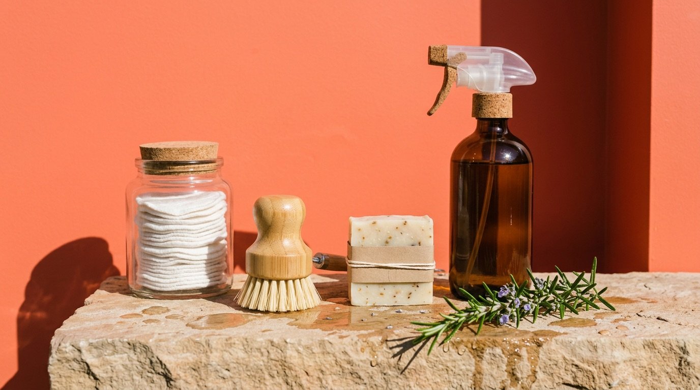 A plastic-free bathroom shelf with a bamboo toothbrush, a metal safety razor, and shampoo bars