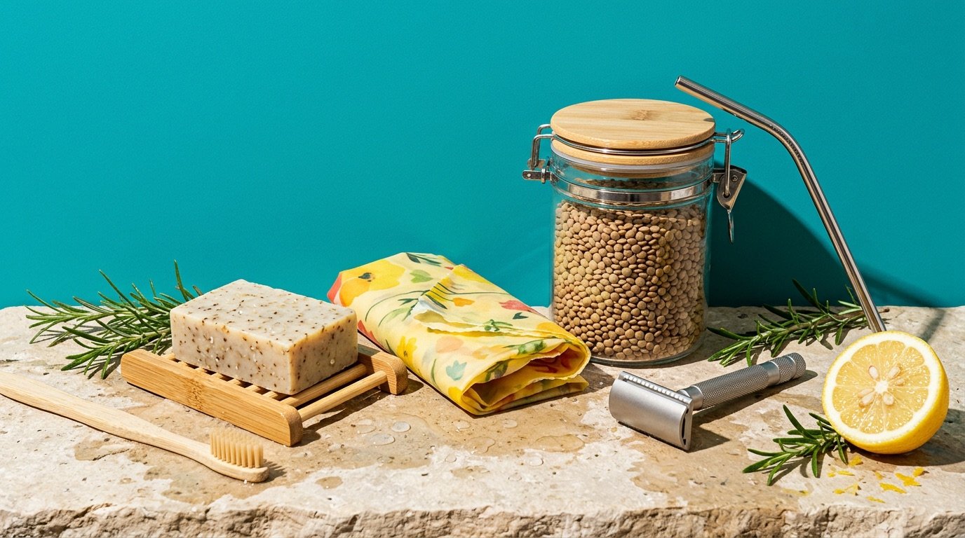 Plastic-free home swaps arranged on a counter, including a bamboo brush, bar soap, glass jars, and a beeswax wrap