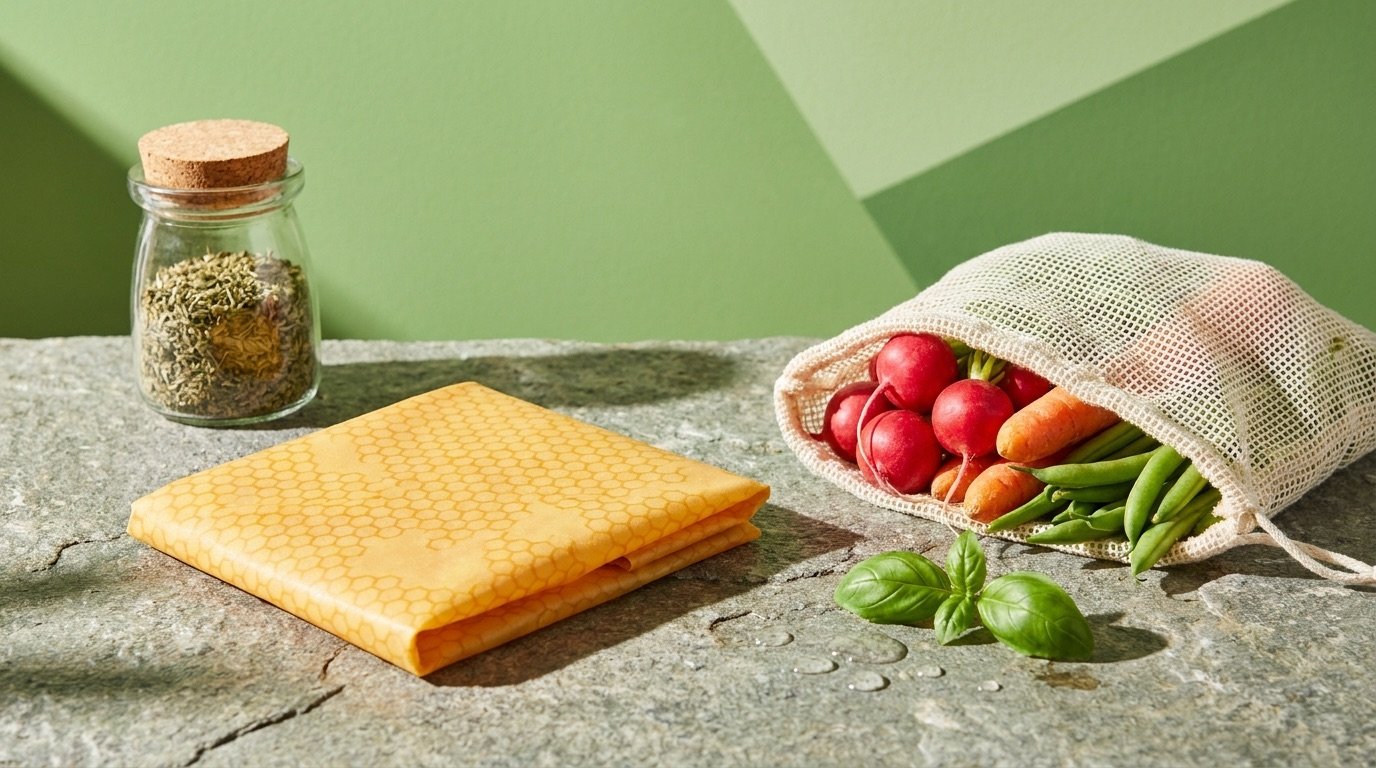 A folded beeswax wrap, a glass storage jar, and a reusable mesh produce bag with fresh vegetables on a bright kitchen counter