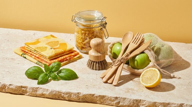 Plastic-free kitchen swaps on a stone counter, including beeswax wraps, a glass jar, a bamboo brush, and mesh produce bags against a bright background