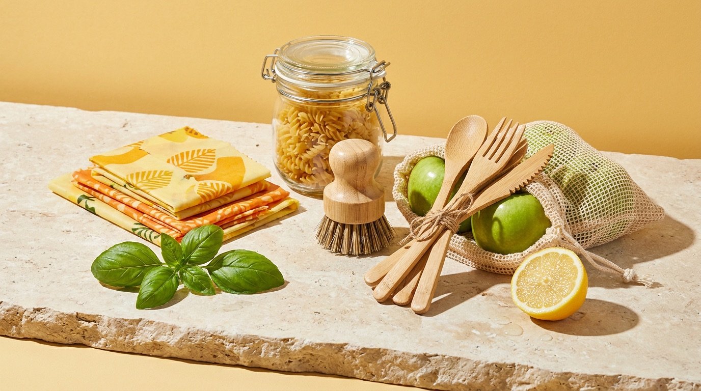 Plastic-free kitchen swaps on a stone counter, including beeswax wraps, a glass jar, a bamboo brush, and mesh produce bags against a bright background