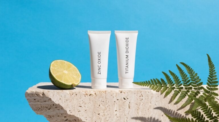 Two white sunscreen tubes side by side on a travertine plinth, one labeled Zinc Oxide and one Titanium Dioxide, against a sky-blue background with a halved lime and fern leaves