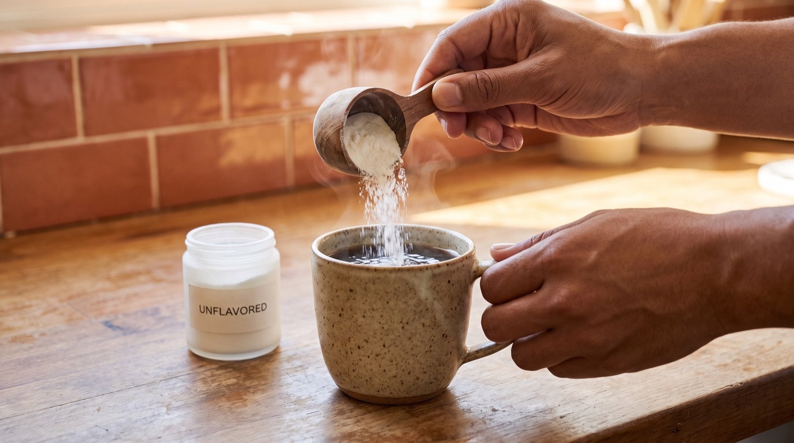 Hands tipping a wooden scoop of white collagen powder into a speckled mug of hot coffee, beside a small jar labeled unflavored on a wooden counter