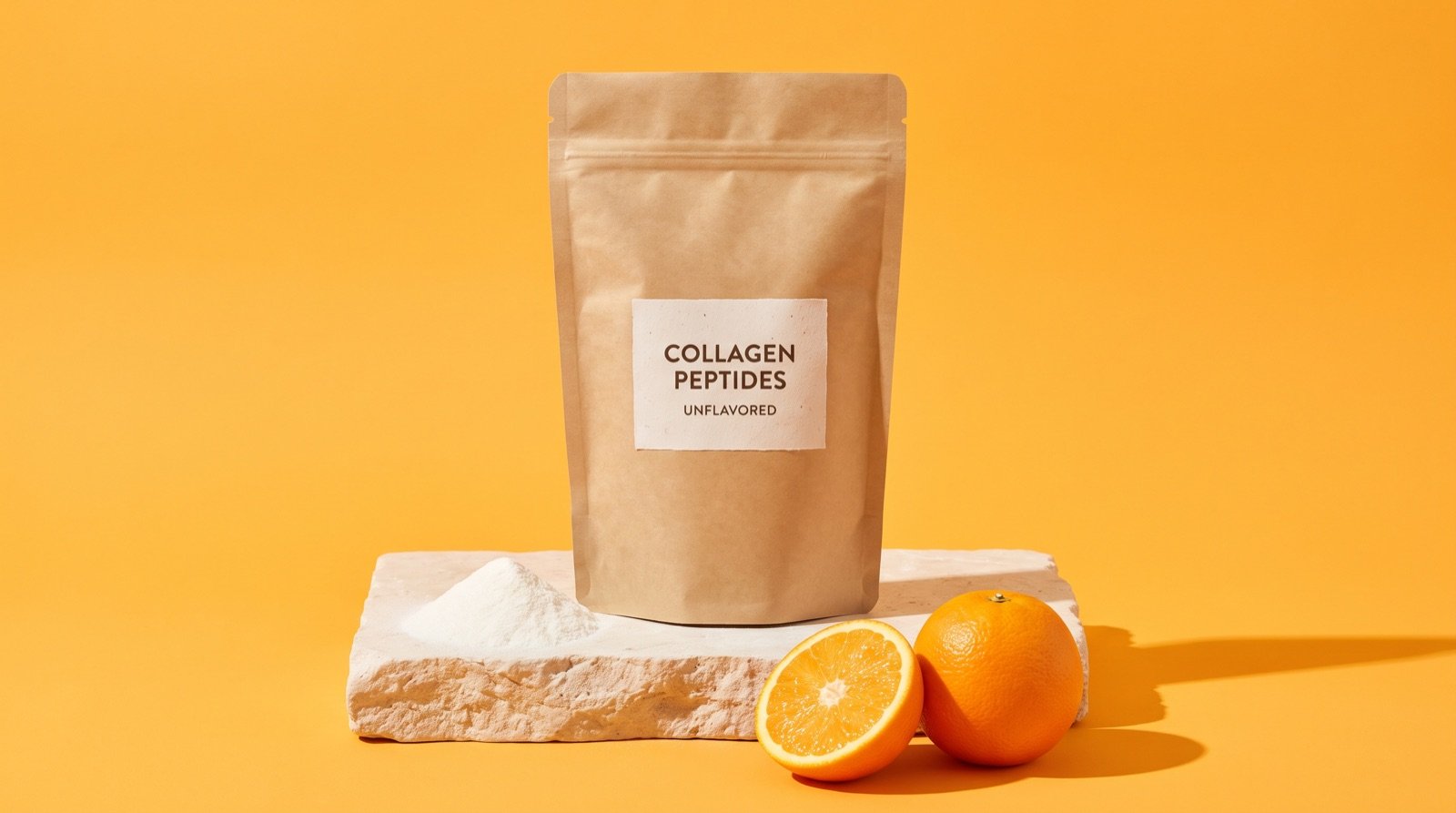A kraft paper pouch labeled collagen peptides unflavored on a stone plinth with a small pile of white powder and two oranges, against a bright orange background