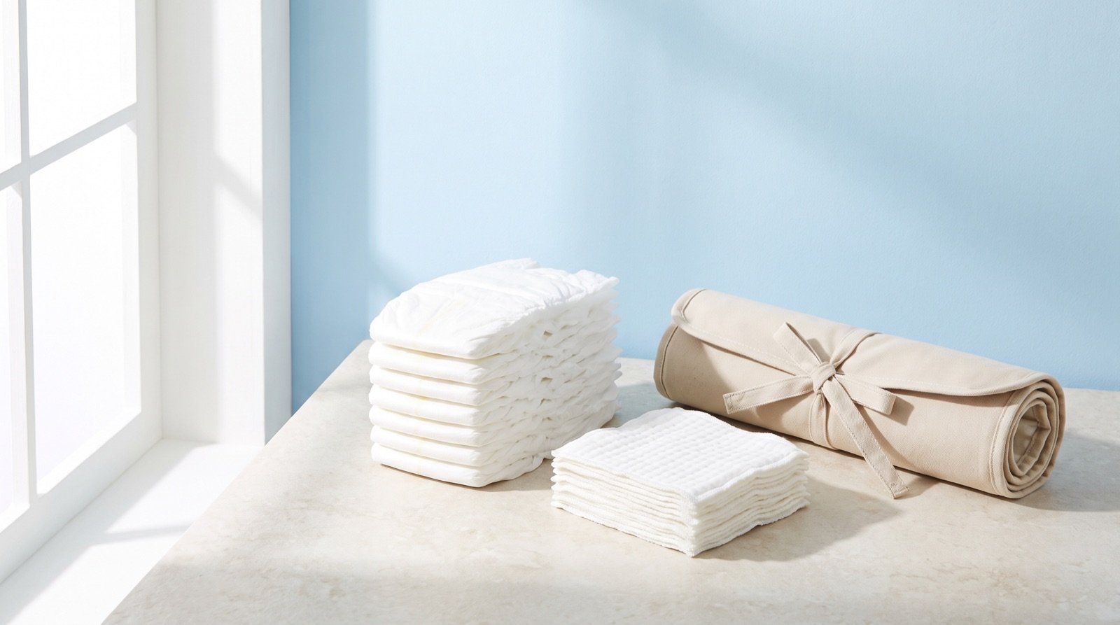 Natural diapers, cotton wipes and a changing mat arranged on a bright neutral surface