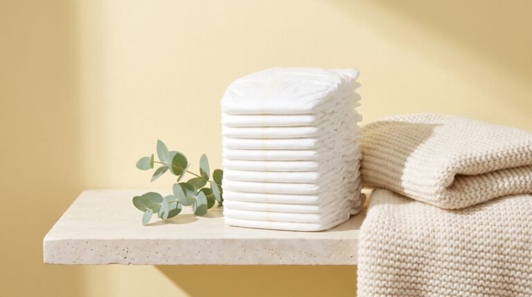 Folded natural disposable diapers stacked beside a soft blanket on a bright neutral surface