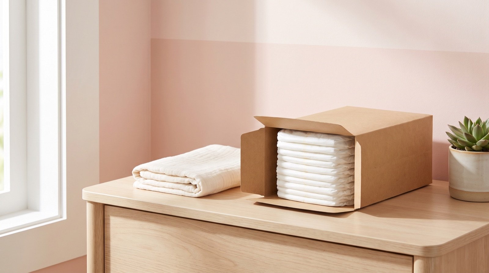 An open pack of unscented diapers and a folded cotton muslin on a light nursery dresser