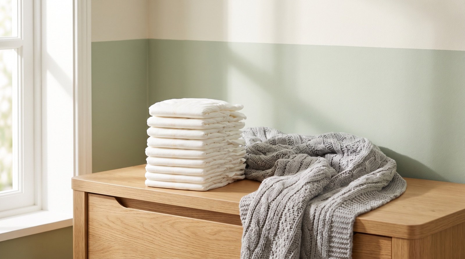 A stack of folded natural disposable diapers beside a soft knitted blanket in bright daylight