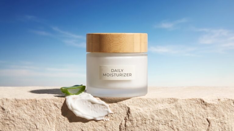 A frosted glass jar labeled daily moisturizer on a sunlit stone ledge with a swatch of cream and a cut aloe leaf, against open blue sky