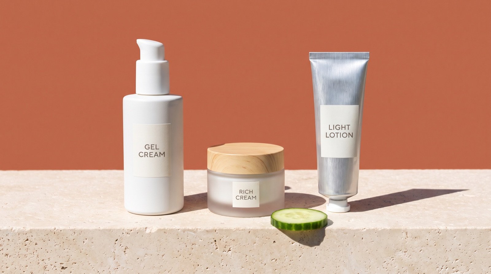 Three separate skincare containers labeled gel cream, rich cream and light lotion on a stone ledge against a terracotta background