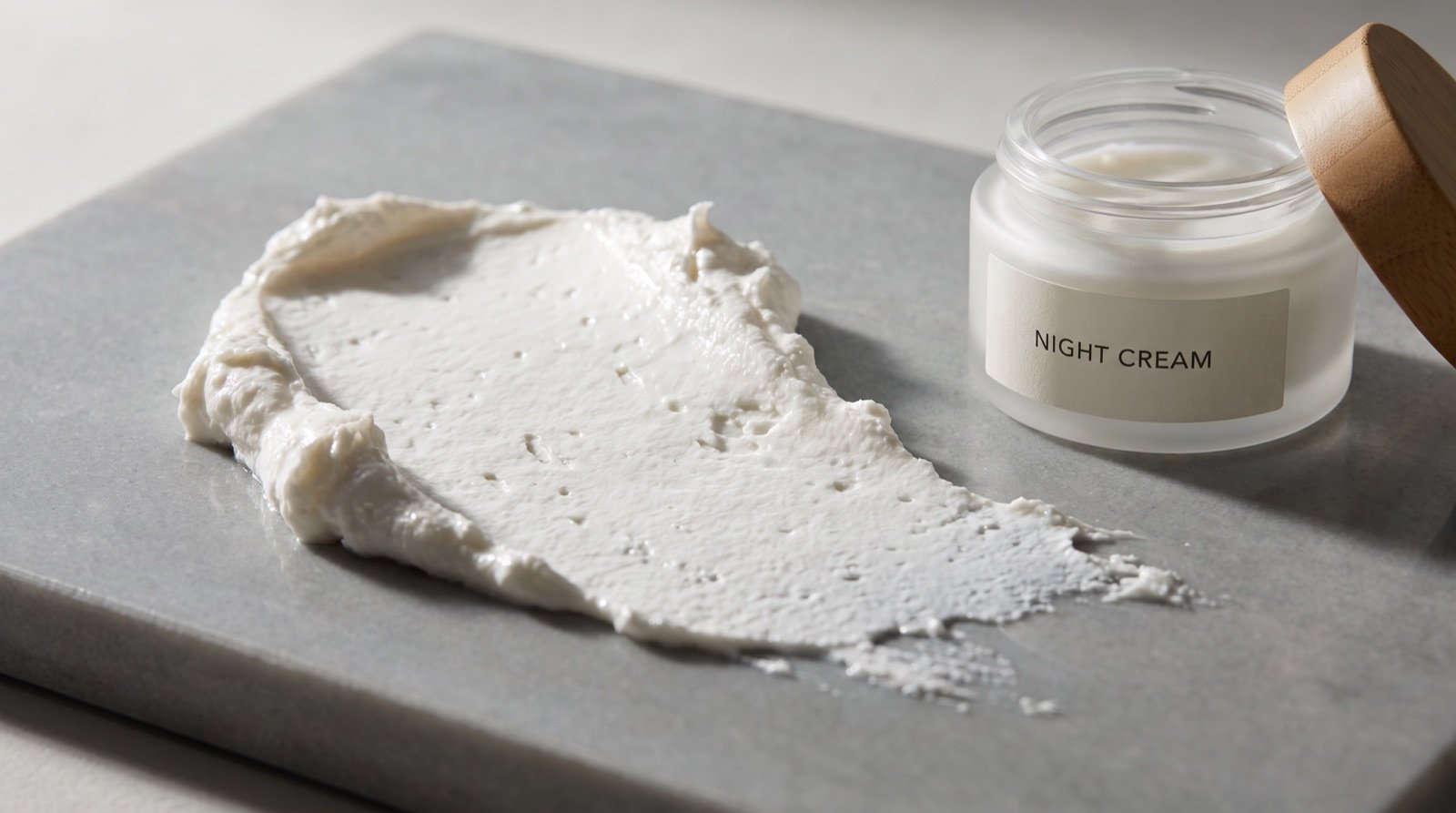 A thick white swatch of cream smeared across pale gray stone beside a frosted jar labeled night cream