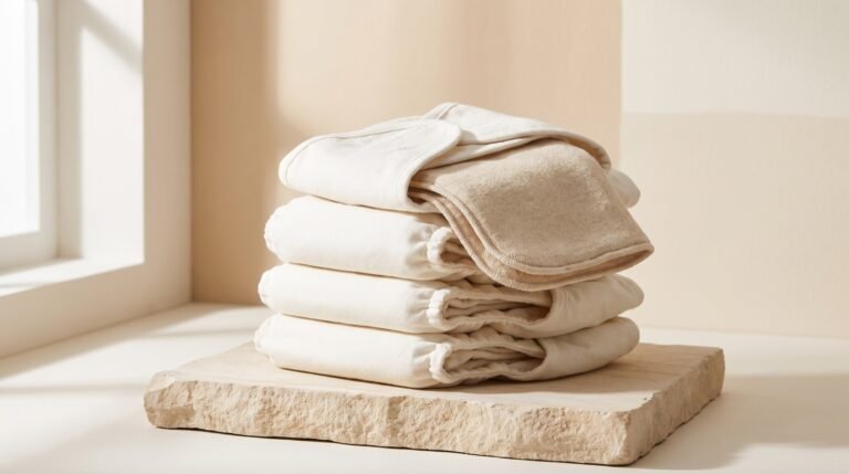 Plain white unbleached-look diapers folded in a stack on a bright neutral surface
