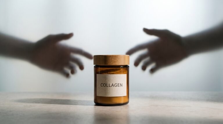 A small amber glass jar labeled collagen on a pale surface, with two blurred hands reaching toward it from behind frosted glass
