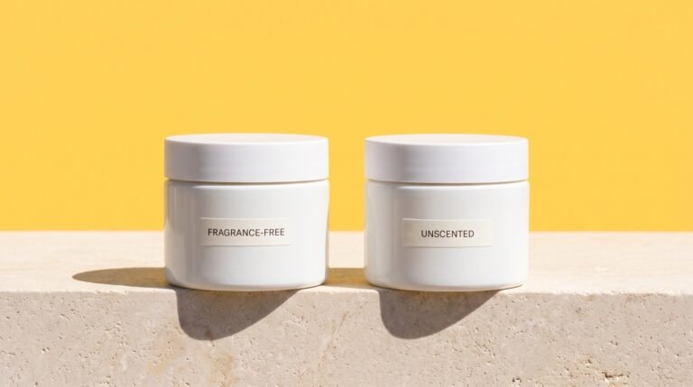 Two identical white cosmetic jars side by side on a stone ledge, one labeled fragrance-free and one labeled unscented, against a bright yellow background