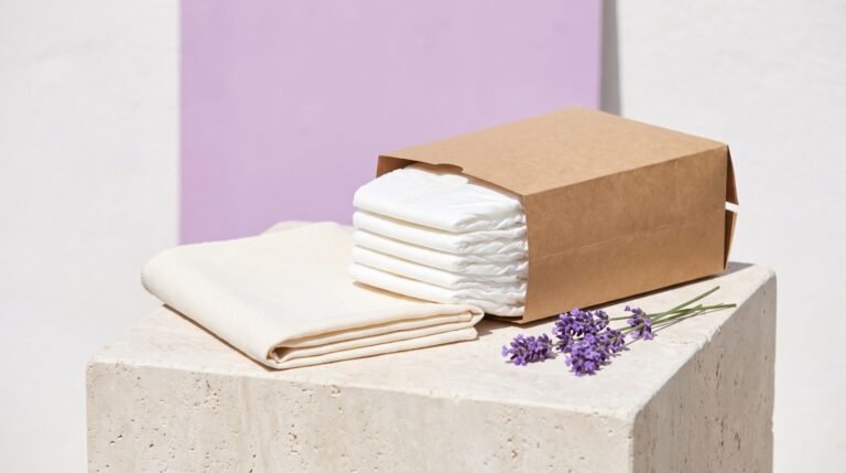 An open pack of unscented natural diapers beside folded cloth on a bright surface