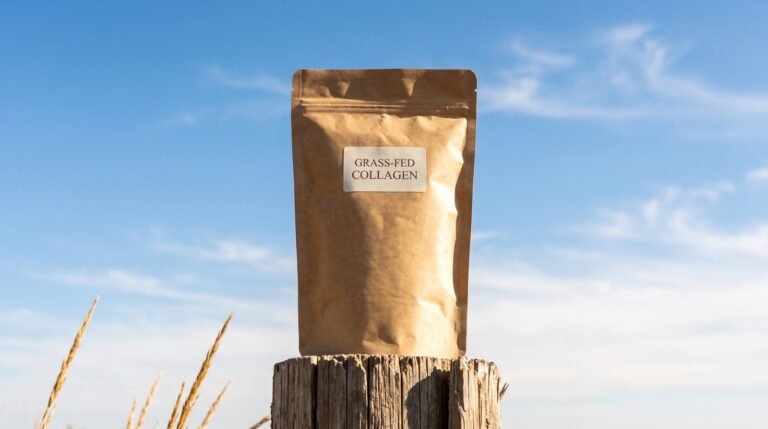 A kraft paper pouch labeled grass-fed collagen standing on a weathered wooden fence post against open blue sky with dry grass in the corner