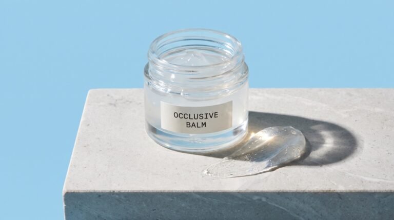 A clear glass jar of glossy translucent balm labeled occlusive balm on a pale stone plinth with a smear of balm beside it, against a bright blue background