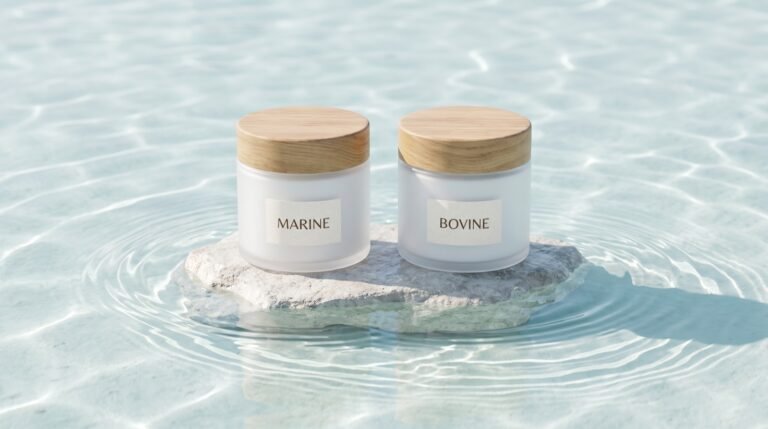 Two frosted white jars with wooden lids labeled marine and bovine, standing side by side on a pale stone in shallow rippling aqua water