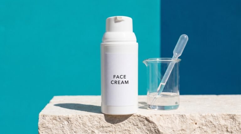 A white airless pump bottle labeled face cream on a pale stone ledge beside a small glass beaker and pipette, against a bold teal background